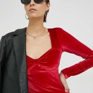 Hollister Red Velvet Bow Long Sleeve Top